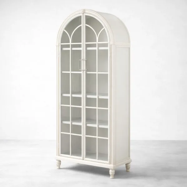 Distressed White Arched Glass Showcase Cabinet
