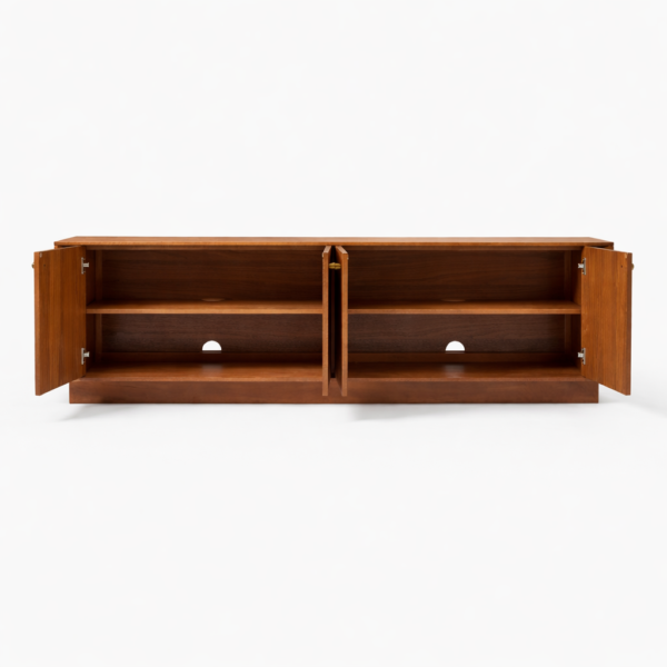 Open view of the Lowline Plinth teak wood media console showing internal shelves and cable access