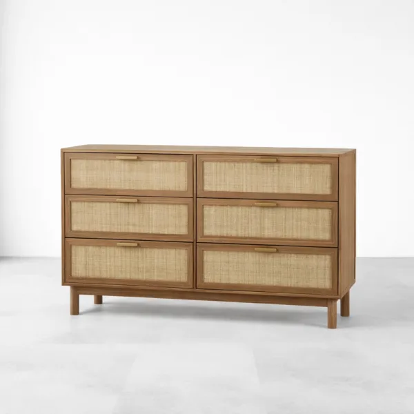 INTERIORZE teak wood cane chest of drawers with 6 drawers and brass-finish pulls
