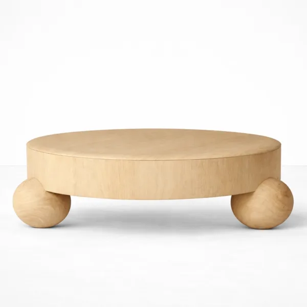 INTERIORZE ash wood coffee table with oval top and rounded orb legs in natural finish