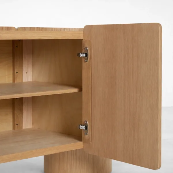 INTERIORZE Aurelle Curve Ash Wood Sideboard open cabinet detail with internal shelving