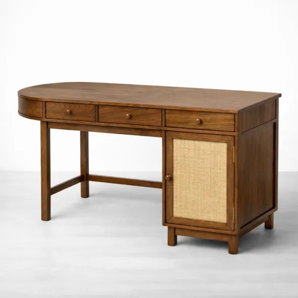 Teak wood study table with cane cabinet