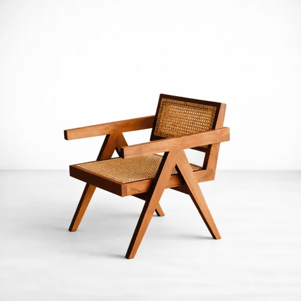 INTERIORZE Kairo teakwood cane arm chair with natural cane back and seat in warm honey finish