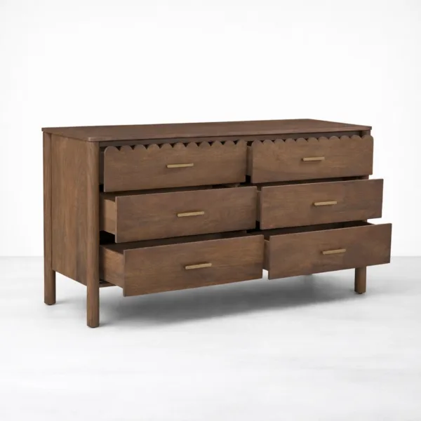 Scalloped Teak Wood 6 Drawer Dresser