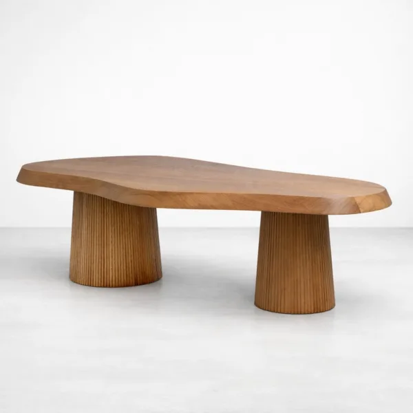 INTERIORZE Arawa sculpted teakwood centre table with organic top and fluted pedestal base