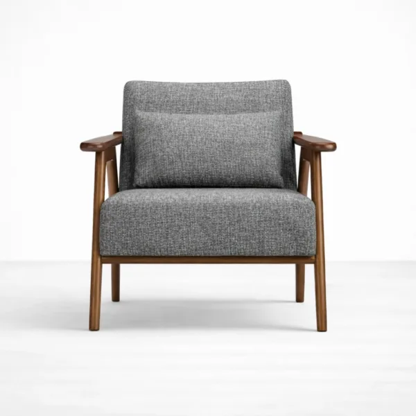 Front view of teakwood lounge arm chair with grey fabric and walnut polished frame