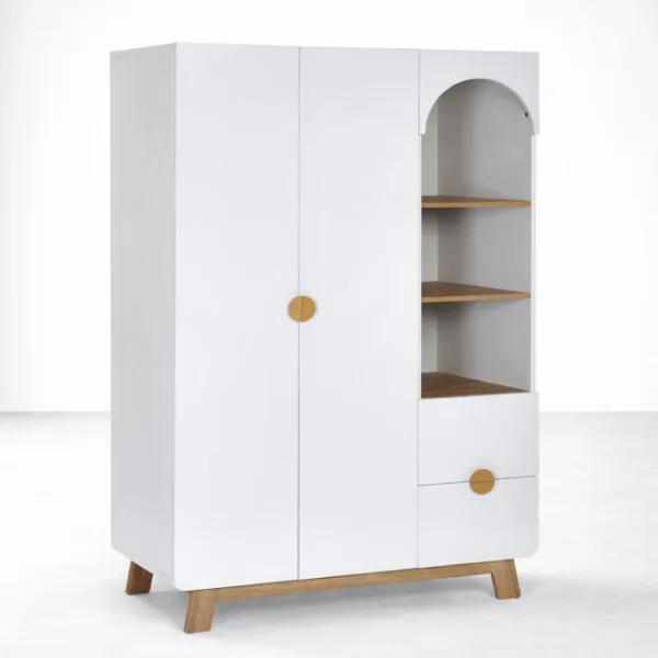 white wardrobe with open shelves, teak wood wardrobe, ashwood base wardrobe, bedroom wardrobe, modern wardrobe, wardrobe with drawers, wardrobe with hanging section, open shelf wardrobe, made to order furniture, INTERIORZE