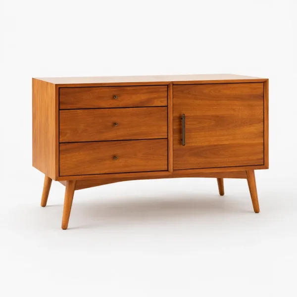 Angled view of the Studio Drawer teak wood media console with three drawers and side cabinet