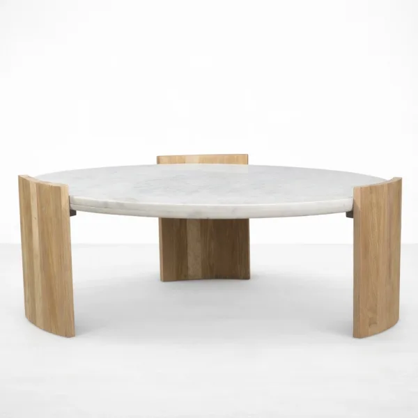 INTERIORZE round marble center table with teakwood sculptural base in white and natural finish