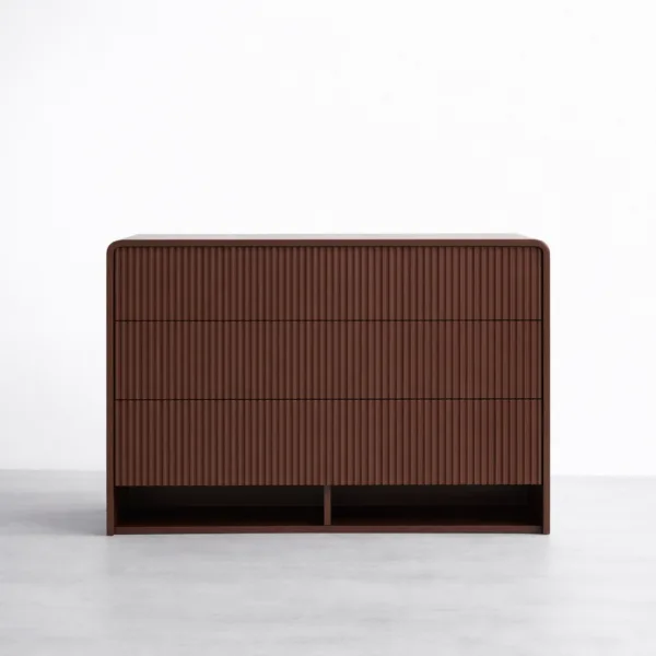 front view of INTERIORZE fluted teak wood chest of drawers with three drawers and lower open section