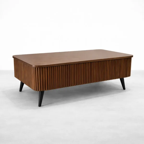 Walnut fluted teak wood centre table by INTERIORZE with rectangular top and black tapered legs