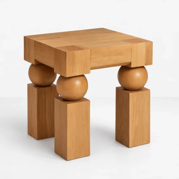Quad Sphere ash wood side table by INTERIORZE with square top, block legs, and sculptural sphere details
