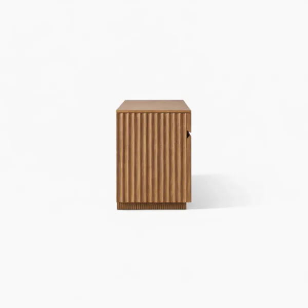 Side view of the Ridge Line teak wood media console by INTERIORZE