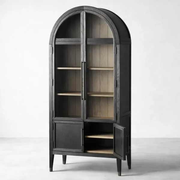 Black Arched Wood Showcase Cabinet with Lower Storage