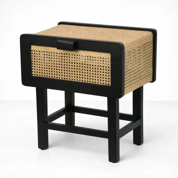 INTERIORZE teakwood cane bedside table in black finish front view