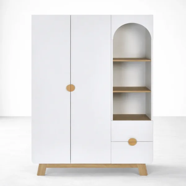 INTERIORZE Arlo White Teak Wood Wardrobe with Open Shelf