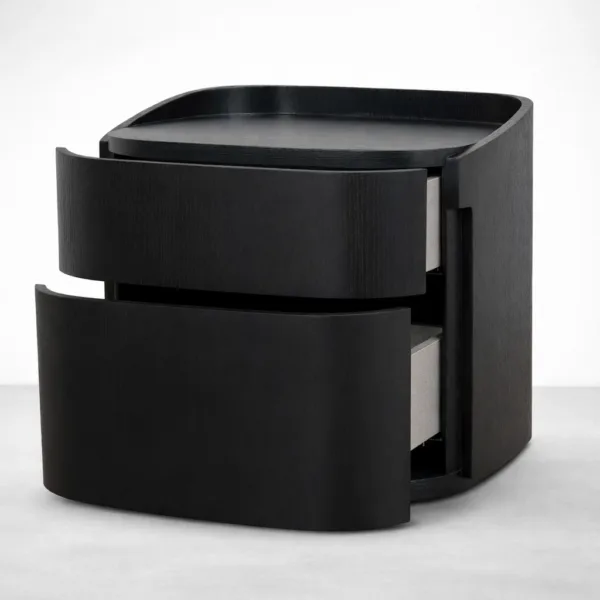 black teakwood bedside table with two drawers open