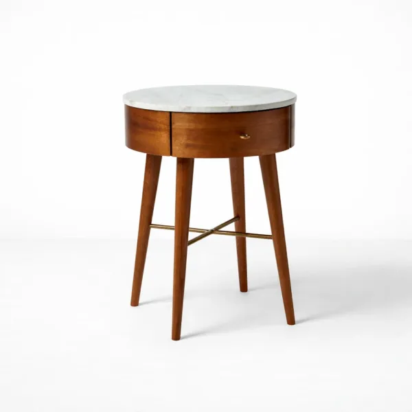 teakwood marble top bedside table with drawer side angle view