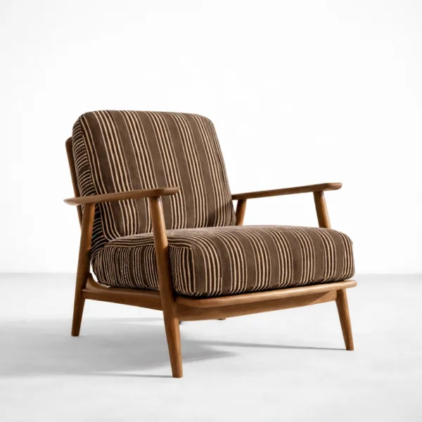 Teakwood arm chair with brown stripe fabric upholstery and walnut polish