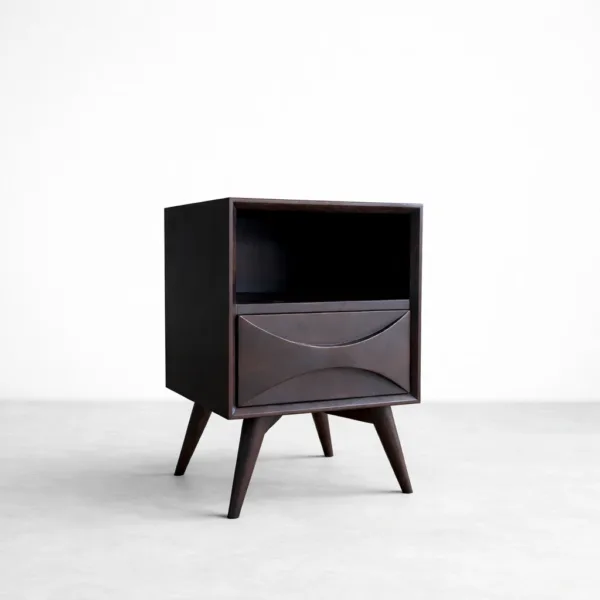 Teakwood bedside table with open shelf and drawer by INTERIORZE