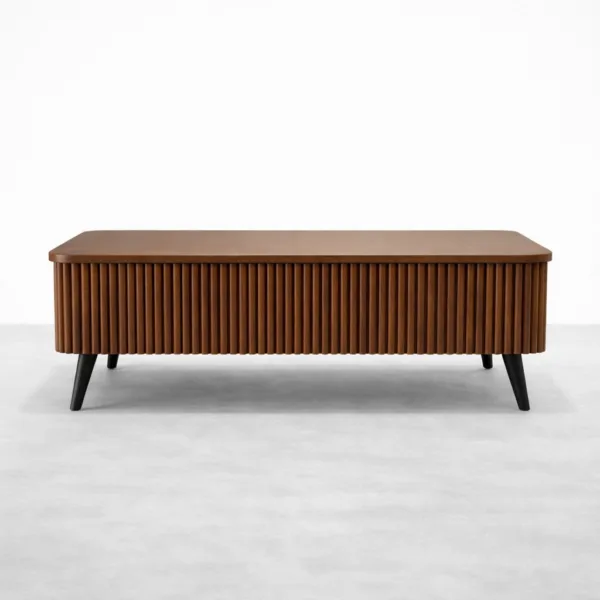 Walnut fluted teak wood centre table by INTERIORZE with rectangular top and black tapered legs