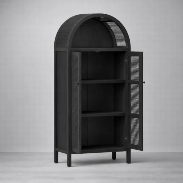 Black Arched Cane Wood Storage Cabinet