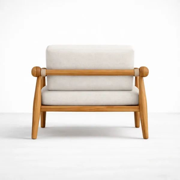 Back view of teakwood lounge arm chair with off white upholstery and natural finish