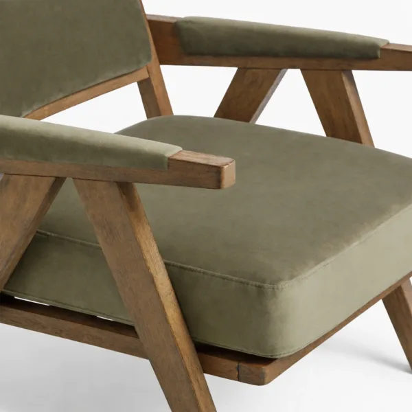 INTERIORZE Avera teakwood upholstered arm chair in olive green fabric with solid wooden frame