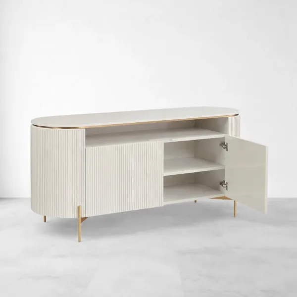 Celeste Fluted Deco Paint Sideboard with cabinet door open and shelf storage