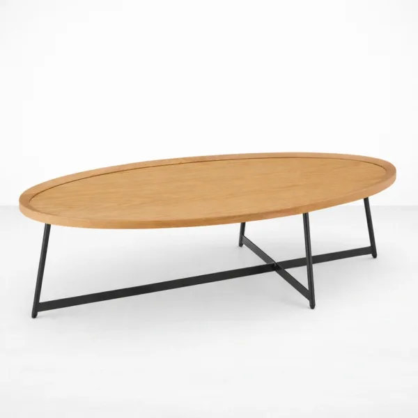 INTERIORZE ash wood oval coffee table with black metal base in natural finish ash wood coffee table