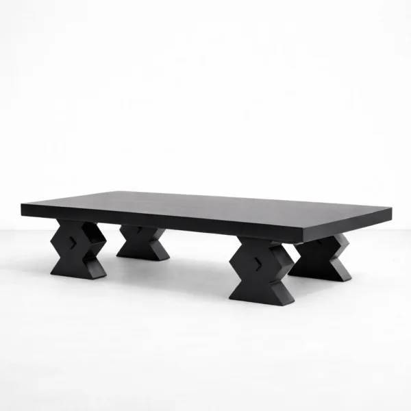 INTERIORZE teakwood black center table with rectangular top and geometric sculptural base teakwood center table