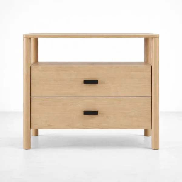 INTERIORZE Elowen ash wood bedside table with two drawers and open top shelf in natural finish