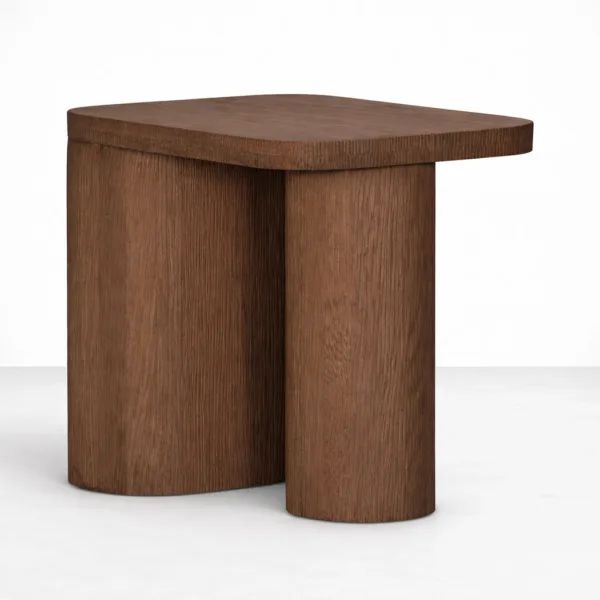 Handcrafted teakwood side table with rounded rectangular top and cylindrical base by INTERIORZE