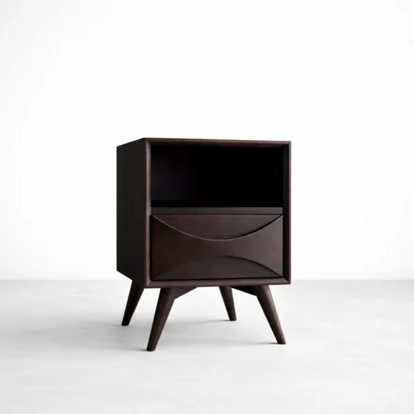 Teakwood bedside table with open shelf and drawer by INTERIORZE