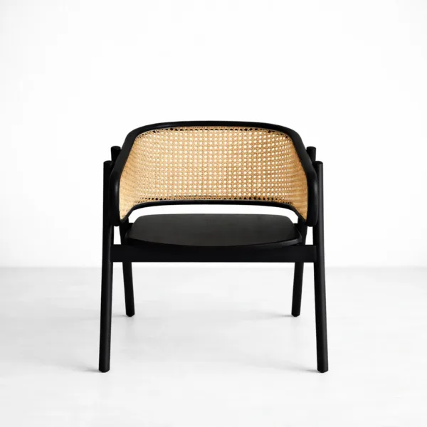 INTERIORZE Nero teakwood cane lounge arm chair with natural cane wrap back and matte black finish