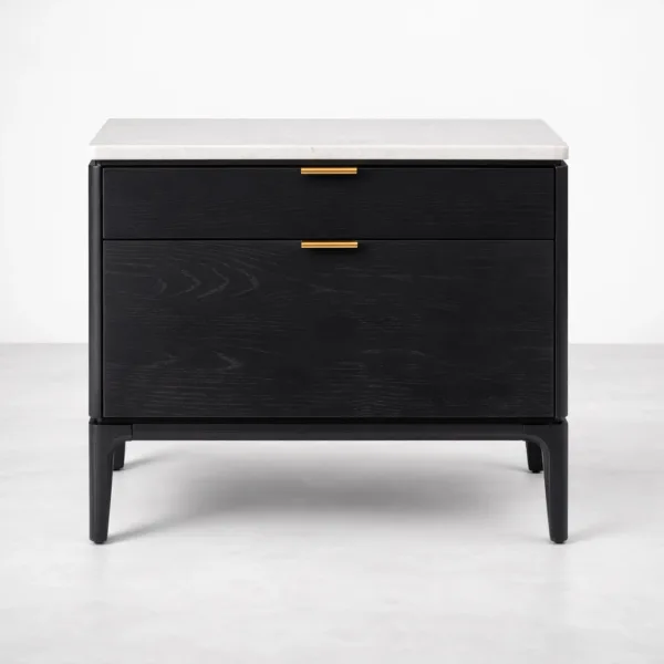 INTERIORZE black wood bedside table with marble top and 2 drawers
