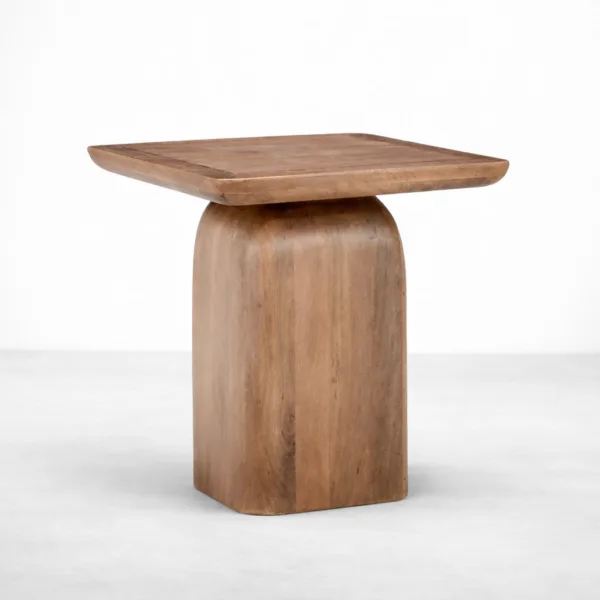 Monolith Curve teak wood side table by INTERIORZE with square top and rounded pedestal base