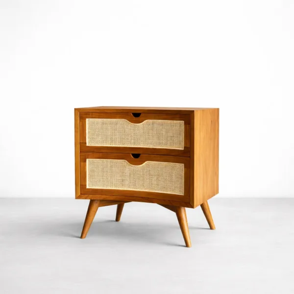 Teakwood cane bedside table with 2 drawers by INTERIORZE