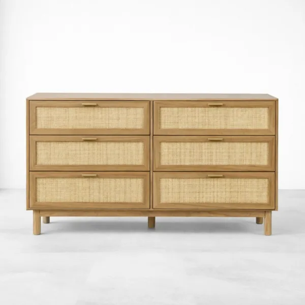INTERIORZE teak wood cane chest of drawers with 6 drawers and brass-finish pulls