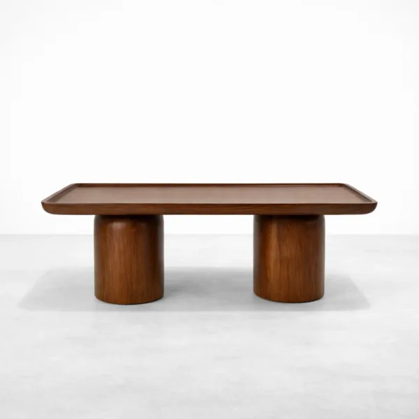 Teak wood centre table by INTERIORZE with tray top and twin cylindrical pedestal base