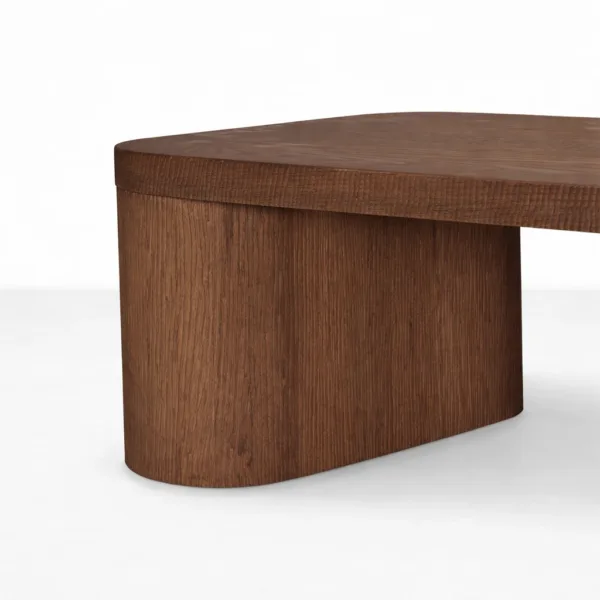 INTERIORZE teakwood center table with rectangular top and rounded pillar base in walnut brown finish