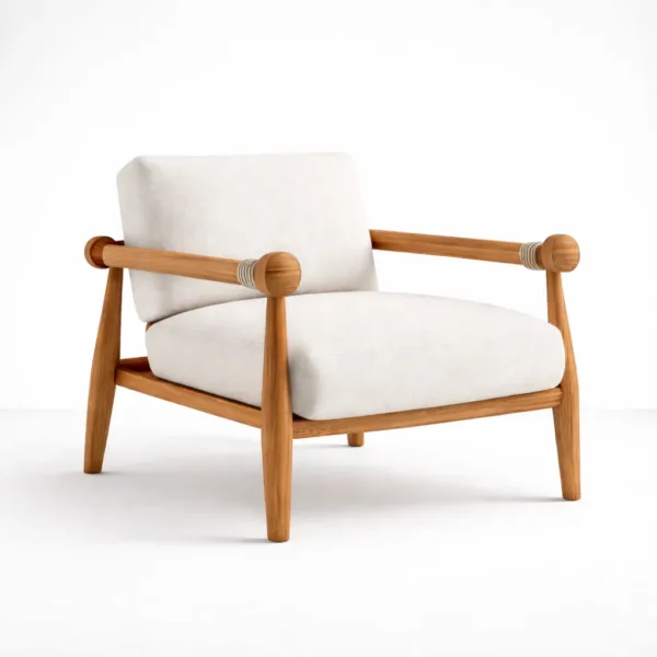 Angled view of teakwood lounge arm chair with off white cushions and natural teak finish