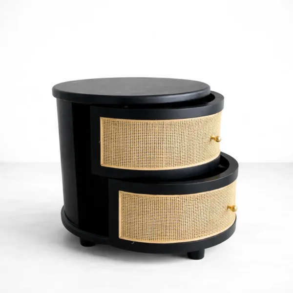Teakwood cane bedside table with round shape and 2 drawers by INTERIORZE