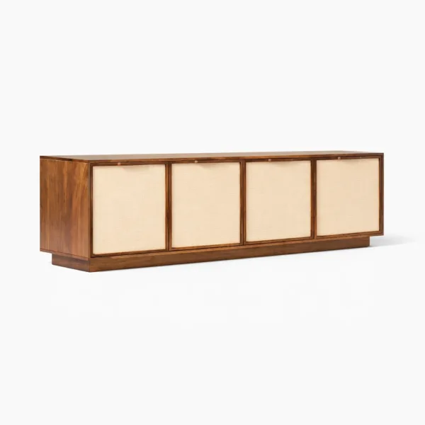 Woven Cane teak wood media console by INTERIORZE with four cane panel doors and plinth base