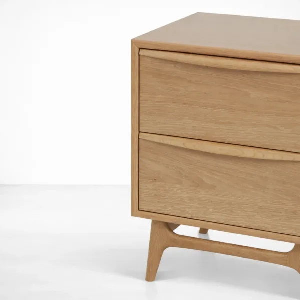 INTERIORZE Orwen ash wood bedside table with two drawers and curved drawer front in natural finish