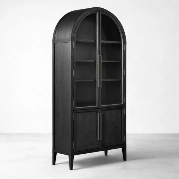 Black Arched Wood Showcase Cabinet with Lower Storage