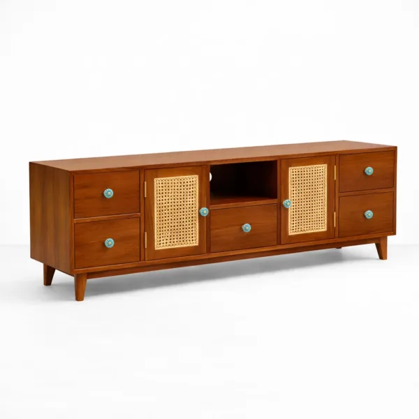 Cane Accent teak wood media console by INTERIORZE