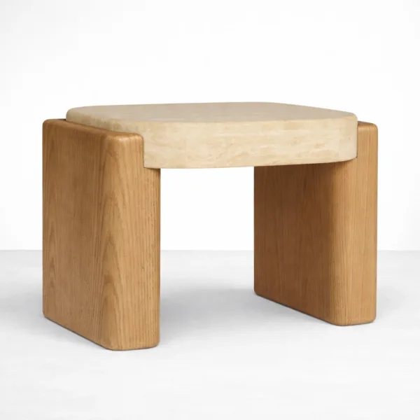 Stone Bridge ash wood side table by INTERIORZE with light stone top and sculptural dual-panel base