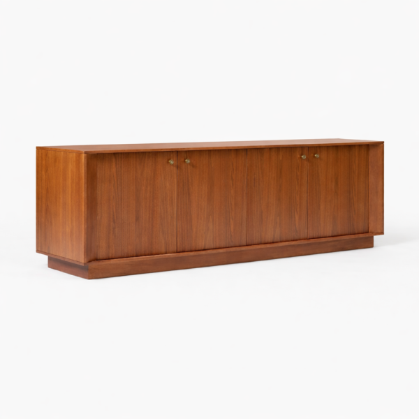 Lowline Plinth teak wood media console by INTERIORZE with four doors and plinth base