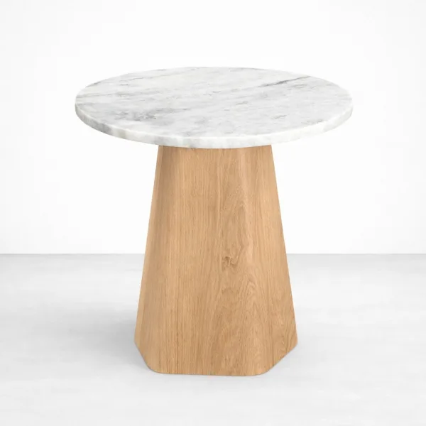Marble Cone ash wood side table by INTERIORZE with round marble top and tapered wooden base